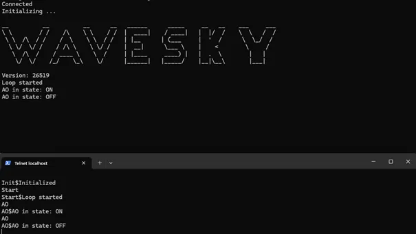Server top, client bottom. Request are sent (ex : AO, Start) and the server answers by rewriting the request, adds a “$” and provides the server answer (ex : AO in state: ON, Loop Started)